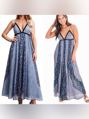 Free People Forever Time Blue Floral Patchwork Maxi Dress